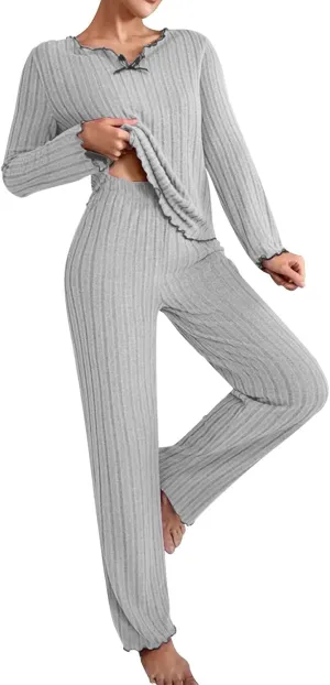 Women's Pajama Sets Long Sleeve 2 Piece Lounge Pajamas Set Classic Ribbed Knit Solid Sweater Sleepwear Loungewear