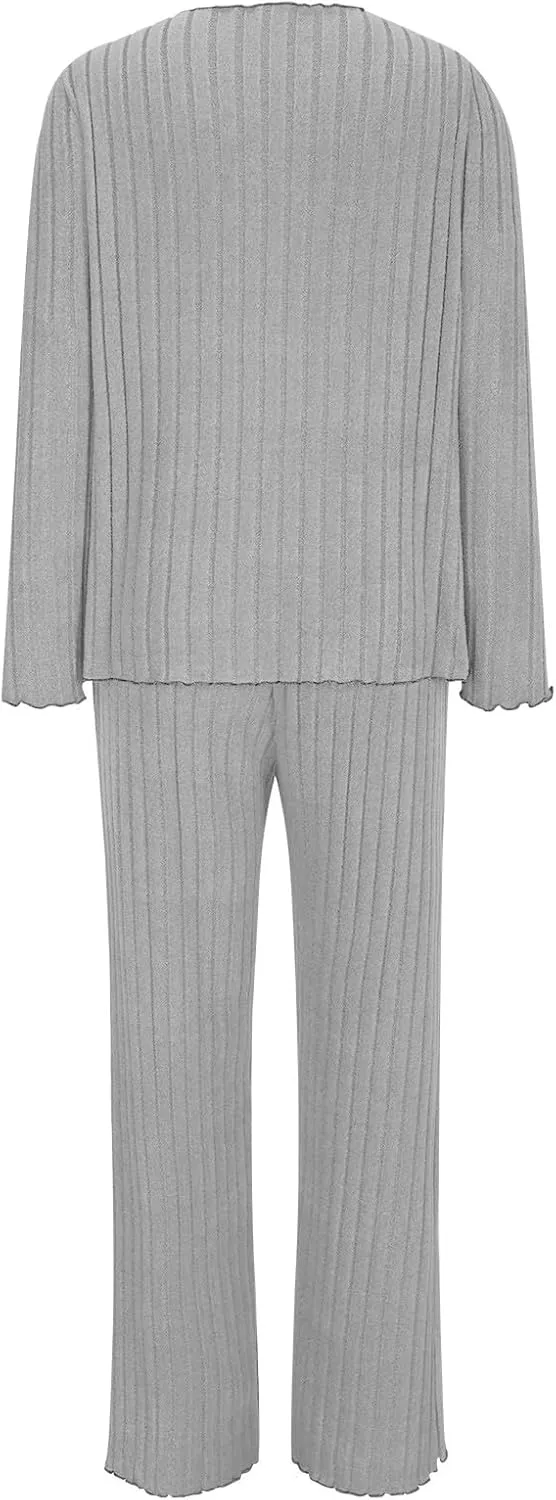 Women's Pajama Sets Long Sleeve 2 Piece Lounge Pajamas Set Classic Ribbed Knit Solid Sweater Sleepwear Loungewear