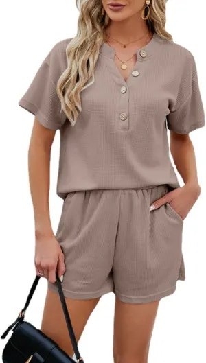 Womens Pajama Sets Short Sleeve Button Down Waffle Knit 2 Piece Outfits Matching Lounge Sets With Shorts