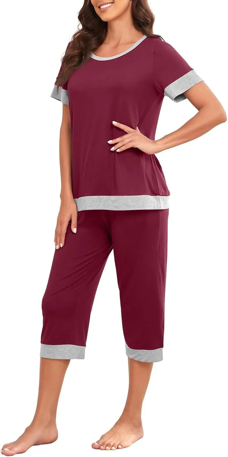 Womens Pajama Sets Soft Short Sleeve Sleepwear Two-Piece Lounge Sets with Pockets Casual Color Block Pjs Capri Pants