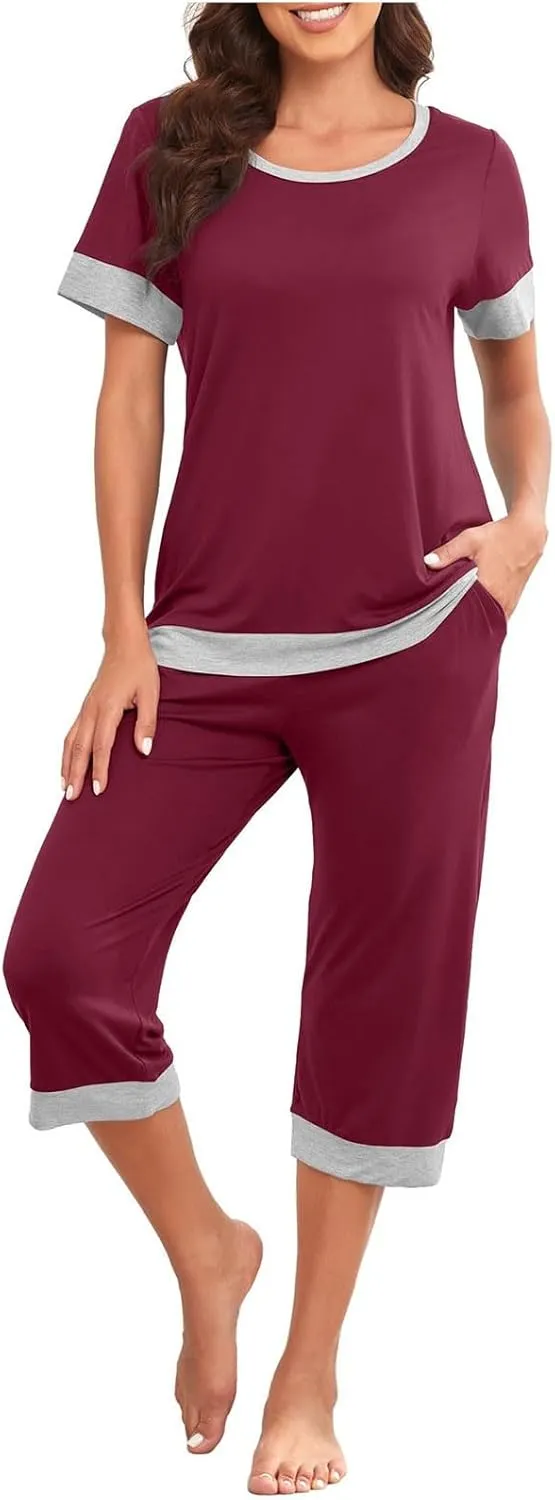 Womens Pajama Sets Soft Short Sleeve Sleepwear Two-Piece Lounge Sets with Pockets Casual Color Block Pjs Capri Pants
