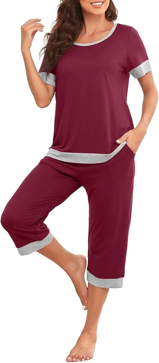 Womens Pajama Sets Soft Short Sleeve Sleepwear Two-Piece Lounge Sets with Pockets Casual Color Block Pjs Capri Pants