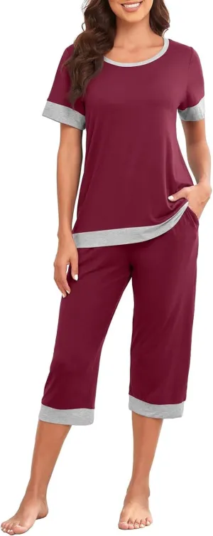 Womens Pajama Sets Soft Short Sleeve Sleepwear Two-Piece Lounge Sets with Pockets Casual Color Block Pjs Capri Pants