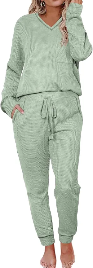 Womens Pajama Sets Waffle Knit Sweater Long Sleeve V Neck Baggy Sweatpants with Pockets 2 Piece Loungewear Sets 2025