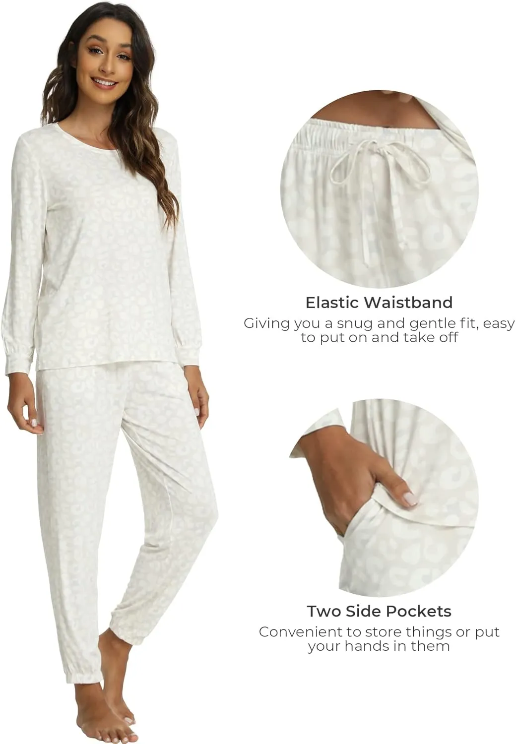 Womens Pajamas Set - Viscose Made from Bamboo, Long Sleeve Sleepwear Tops with Jogger Pants Lounge Pjs Sets