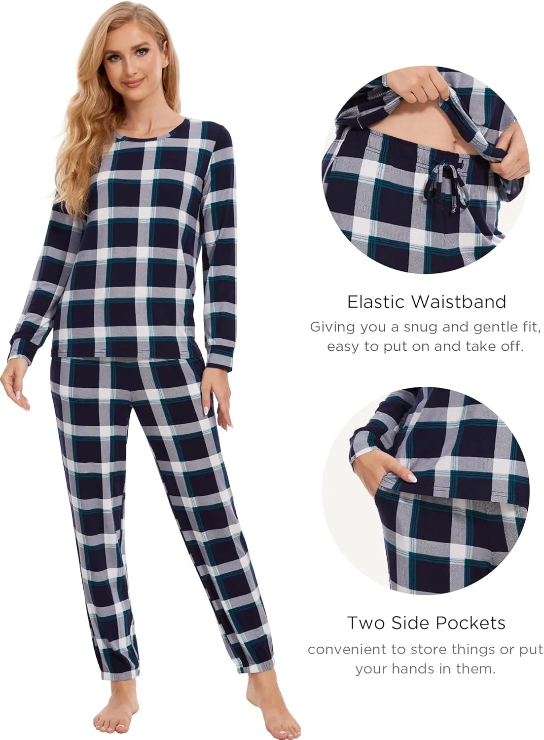 Womens Pajamas Set - Viscose Made from Bamboo, Long Sleeve Sleepwear Tops with Jogger Pants Lounge Pjs Sets
