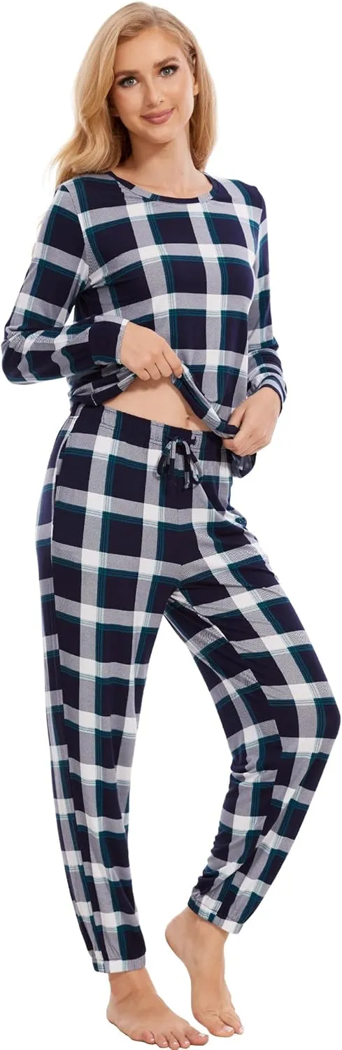 Womens Pajamas Set - Viscose Made from Bamboo, Long Sleeve Sleepwear Tops with Jogger Pants Lounge Pjs Sets