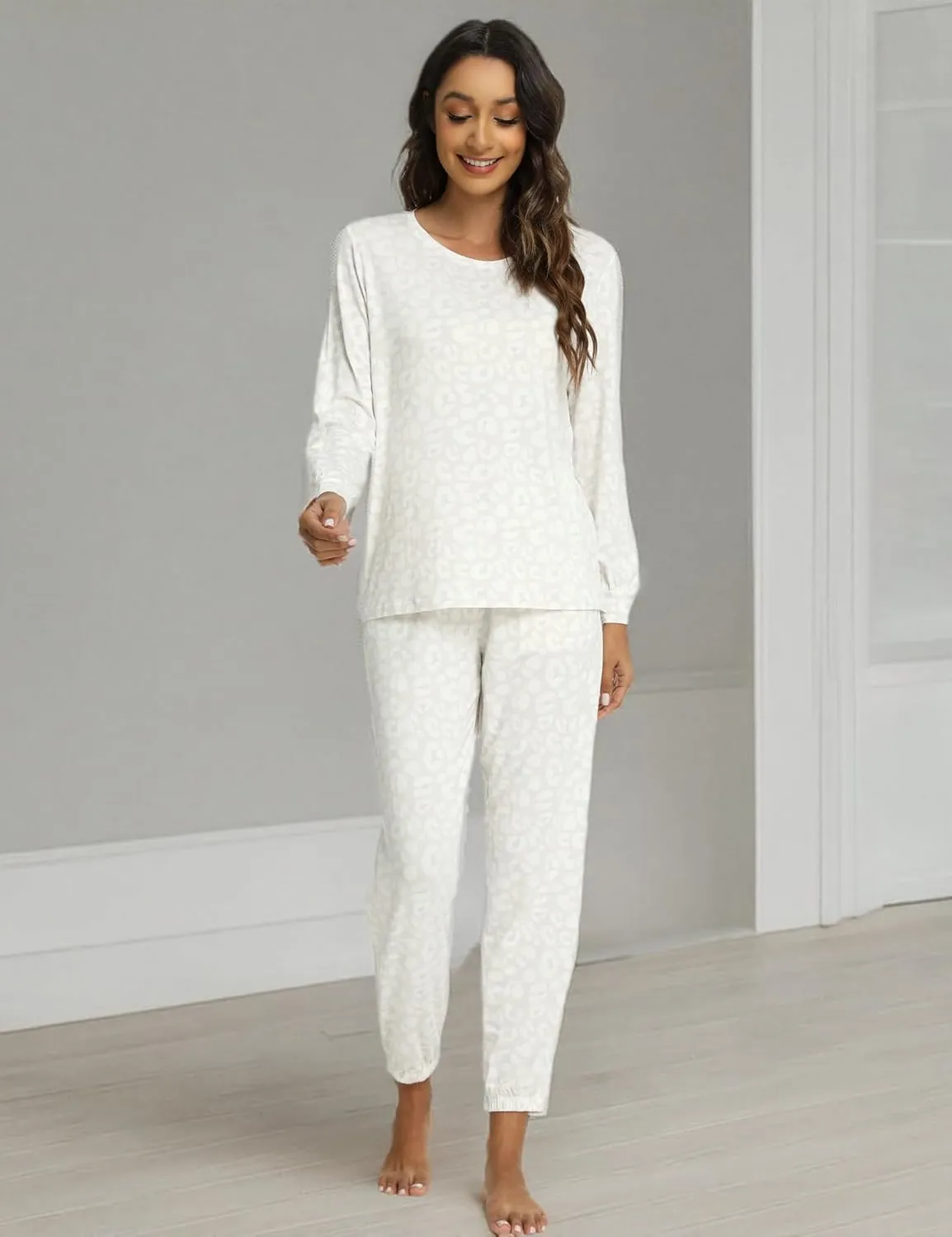 Womens Pajamas Set - Viscose Made from Bamboo, Long Sleeve Sleepwear Tops with Jogger Pants Lounge Pjs Sets