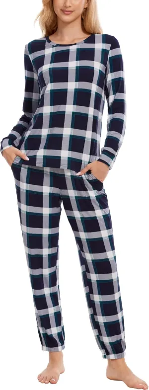 Womens Pajamas Set - Viscose Made from Bamboo, Long Sleeve Sleepwear Tops with Jogger Pants Lounge Pjs Sets