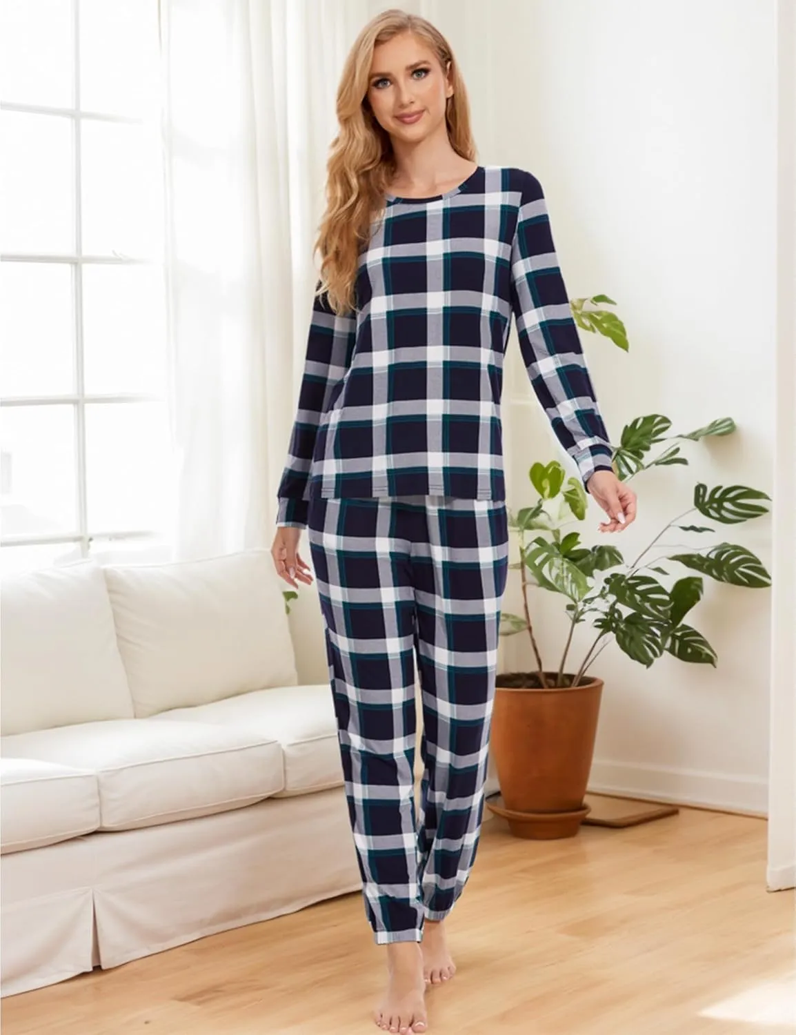 Womens Pajamas Set - Viscose Made from Bamboo, Long Sleeve Sleepwear Tops with Jogger Pants Lounge Pjs Sets