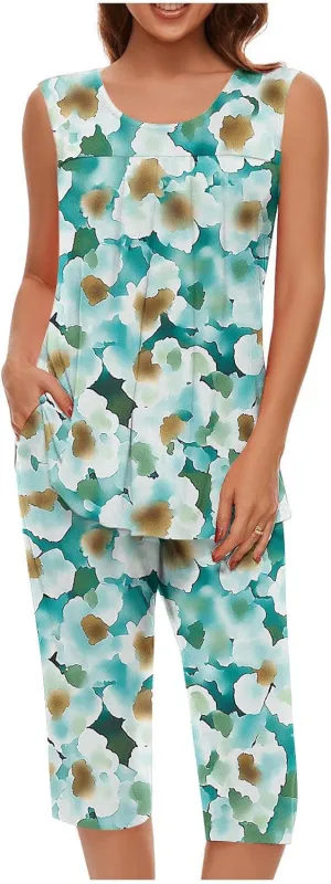 Womens Pajamas Sets Soft Sleeveless Pleated Pjs Tank Top and Pants with Pocket Ladies Loungewear Sets 2025 Trendy