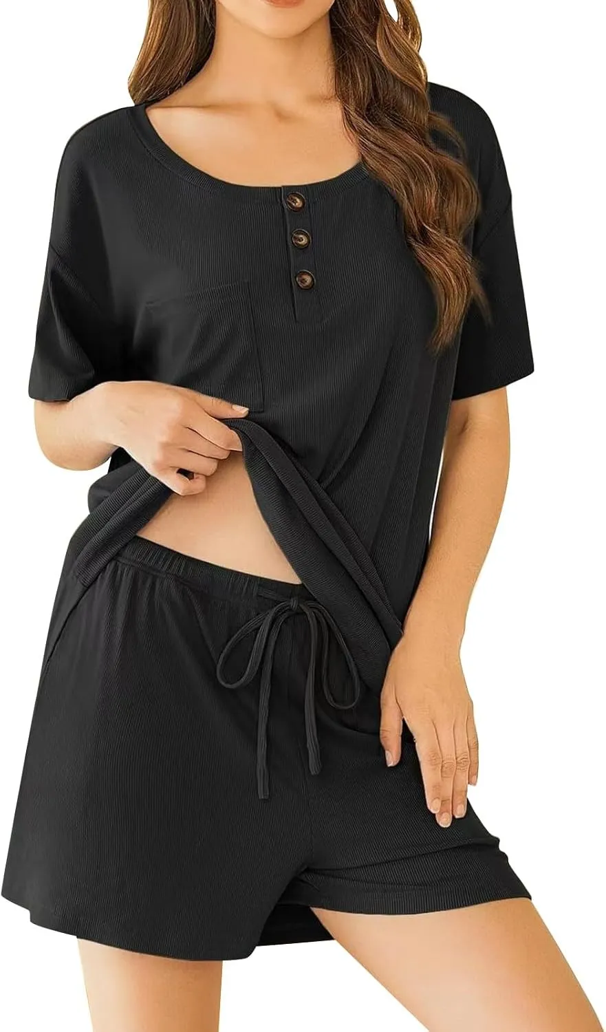 Womens Pajamas Summer 2 Piece Sets Knit Loungewear V Neck Cap Sleeve Workout Sets Biker Shorts Tracksuit
