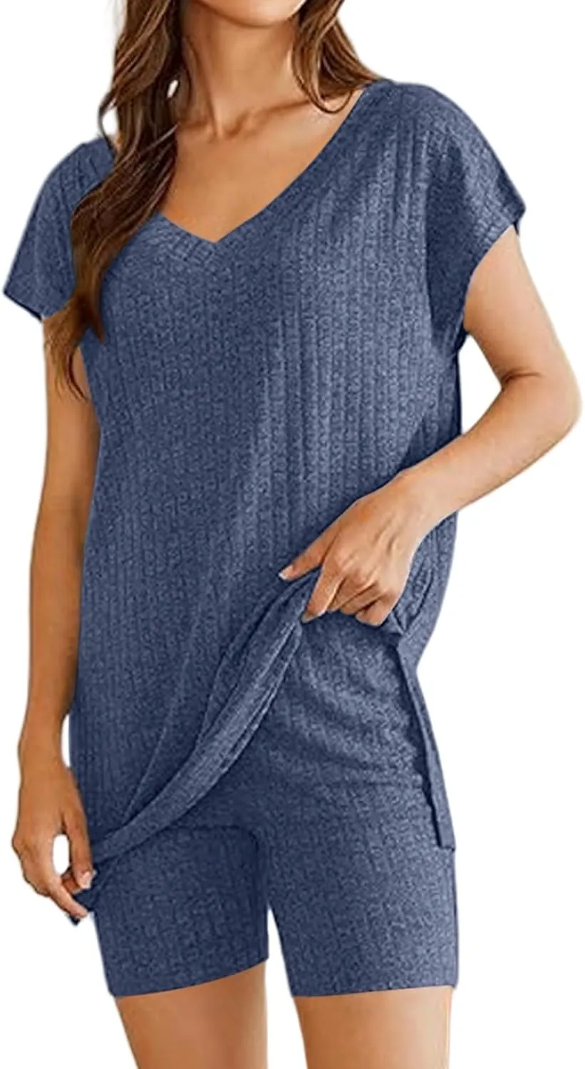 Womens Pajamas Summer 2 Piece Sets Knit Loungewear V Neck Cap Sleeve Workout Sets Biker Shorts Tracksuit