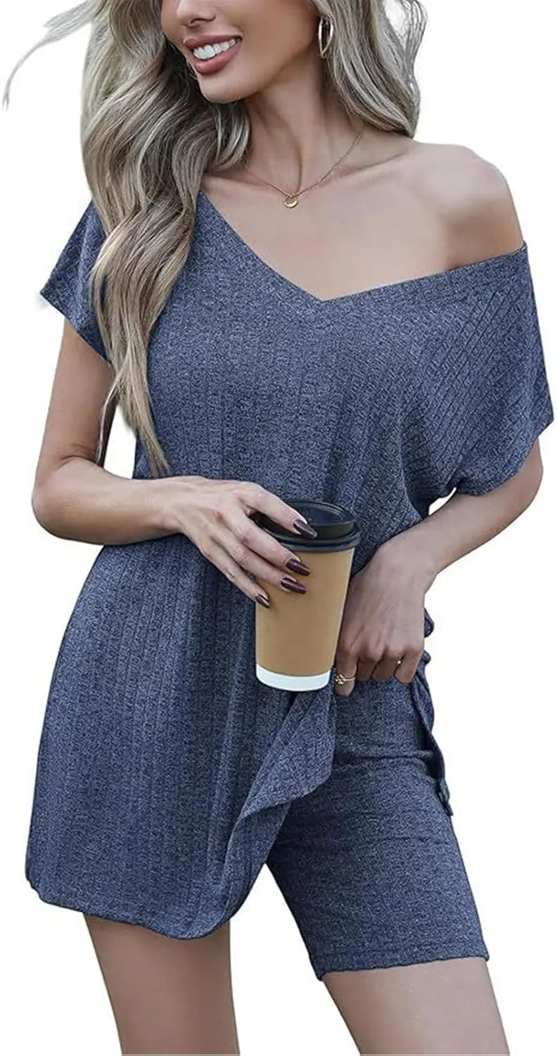 Womens Pajamas Summer 2 Piece Sets Knit Loungewear V Neck Cap Sleeve Workout Sets Biker Shorts Tracksuit