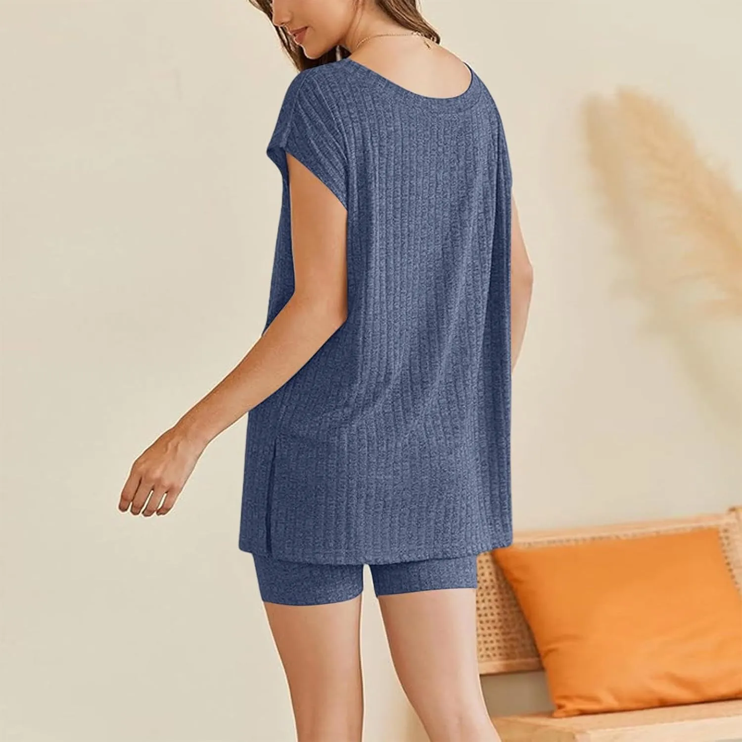 Womens Pajamas Summer 2 Piece Sets Knit Loungewear V Neck Cap Sleeve Workout Sets Biker Shorts Tracksuit