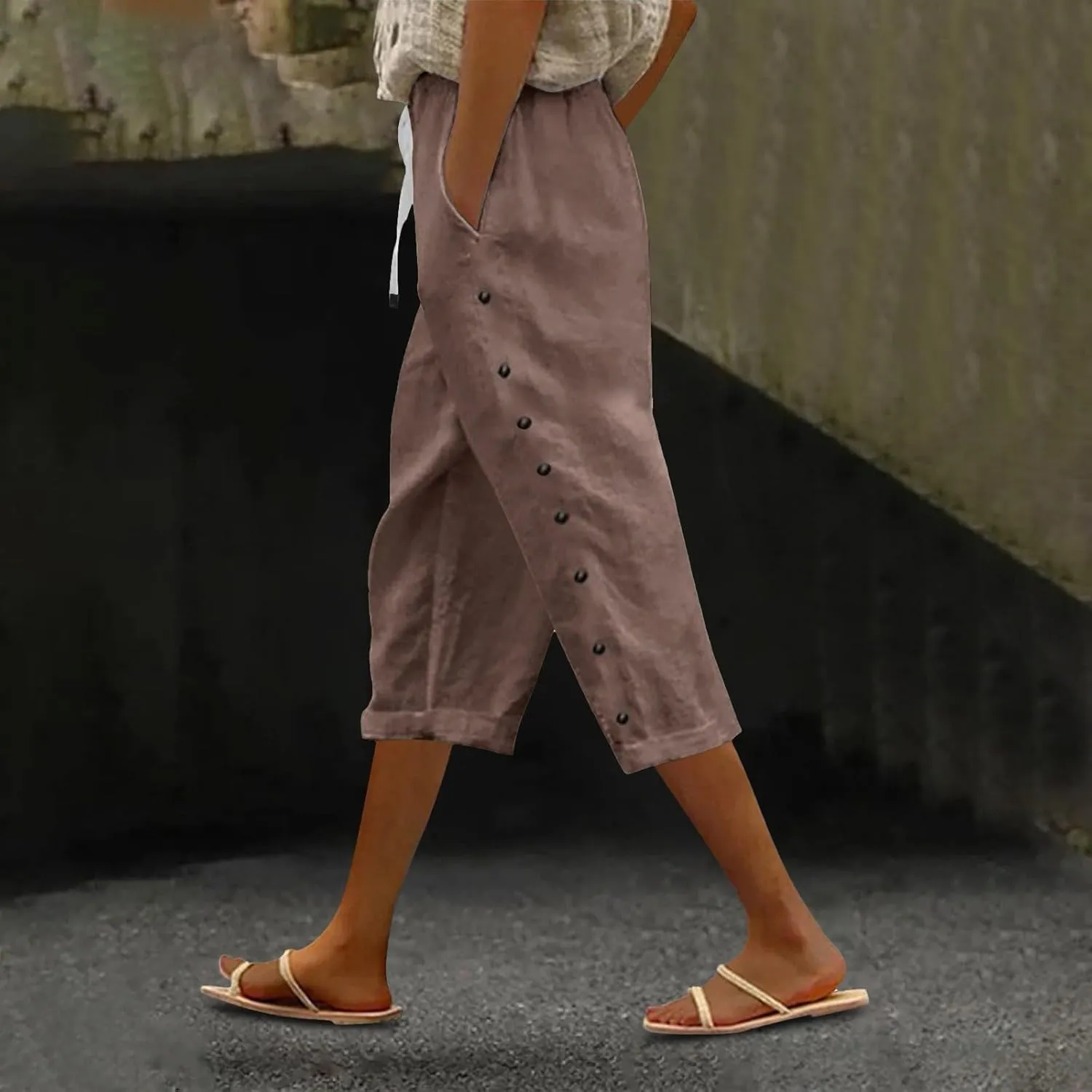 Women's Pants Solid Color Cotton Linen Elastic Seven Pants Beach Casual Linen Cotton Linen Pants Casual 2025