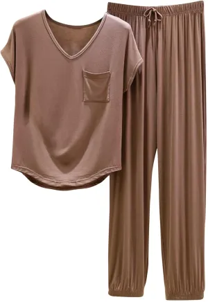 Women's Pja Set Comfy Soft Sleepwear 2 Piece Lounge Sets Short Sleeve Tops with Capri Pants Cotton Pajamas Set