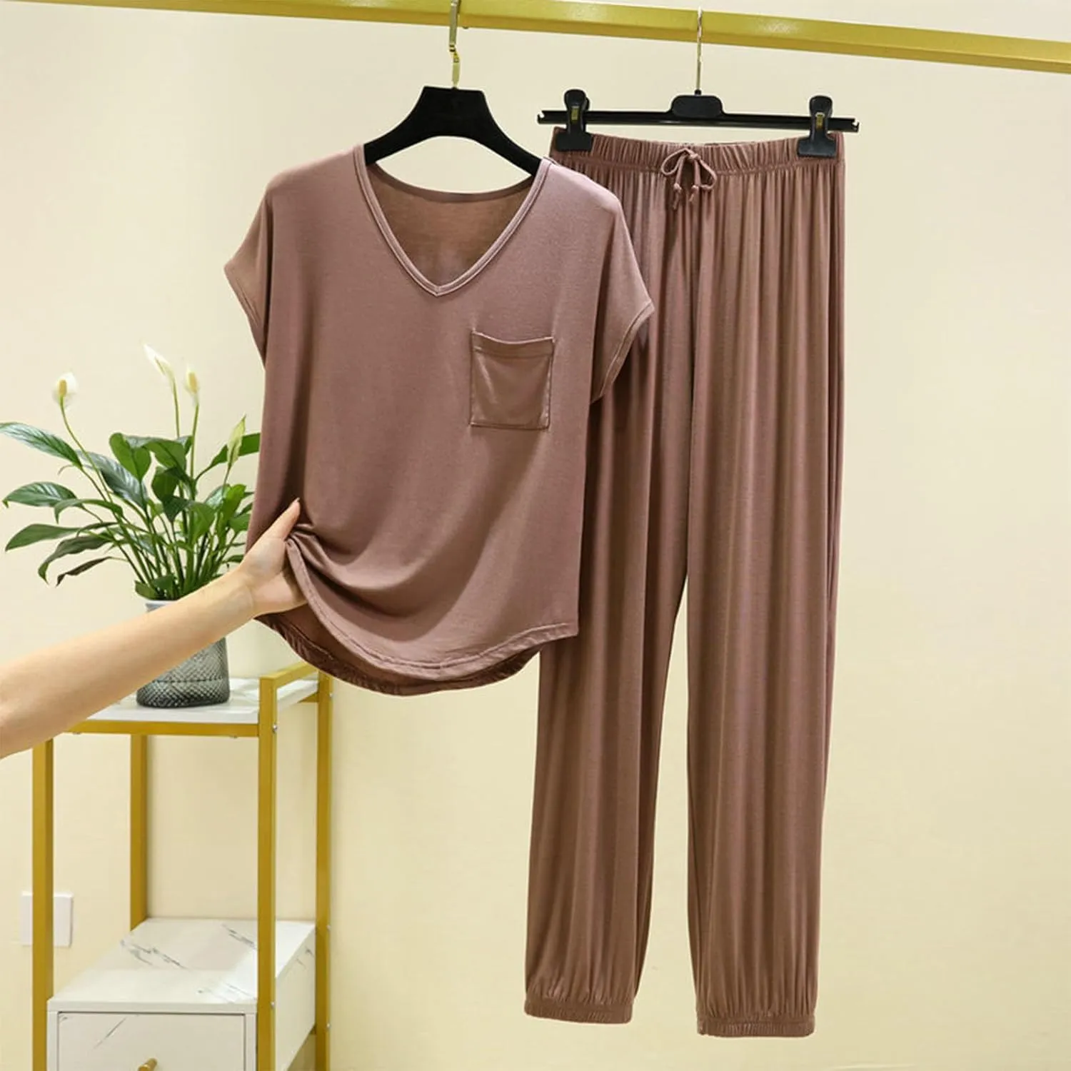 Women's Pja Set Comfy Soft Sleepwear 2 Piece Lounge Sets Short Sleeve Tops with Capri Pants Cotton Pajamas Set