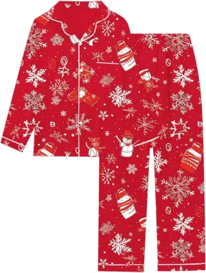 Womens Plus Size Christmas Pajamas Set,Long Sleeve Soft Button down Santa Print Tops Sleepwear Nightwear Pjs Lounge Sets