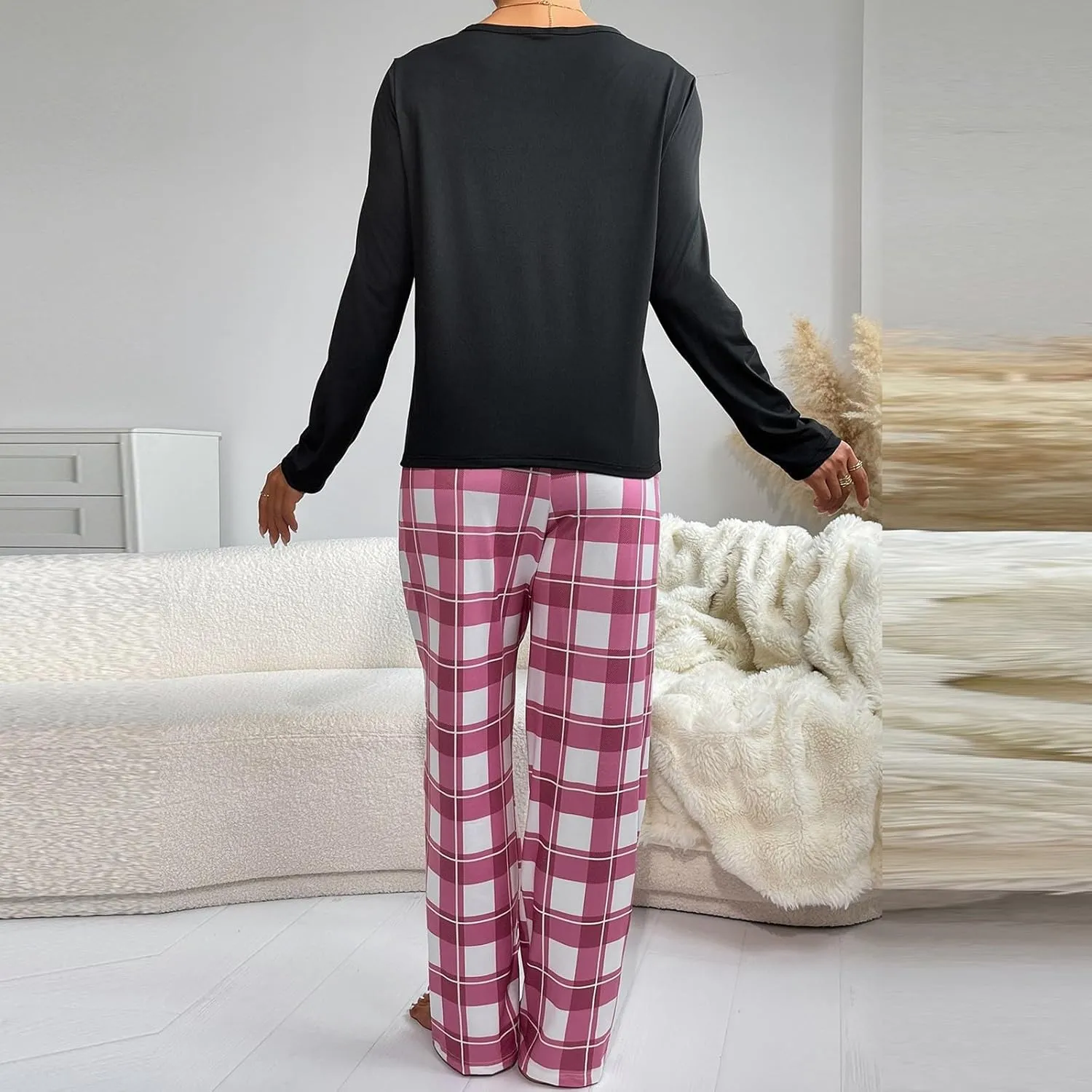 Womens Plus Size Long Sleeve Pajamas Set Love Printed Crewneck Tshirt Pants 2piece Sleepwear Nightwear Soft Pjs Lounge Sets