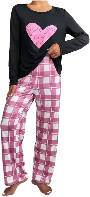 Womens Plus Size Long Sleeve Pajamas Set Love Printed Crewneck Tshirt Pants 2piece Sleepwear Nightwear Soft Pjs Lounge Sets