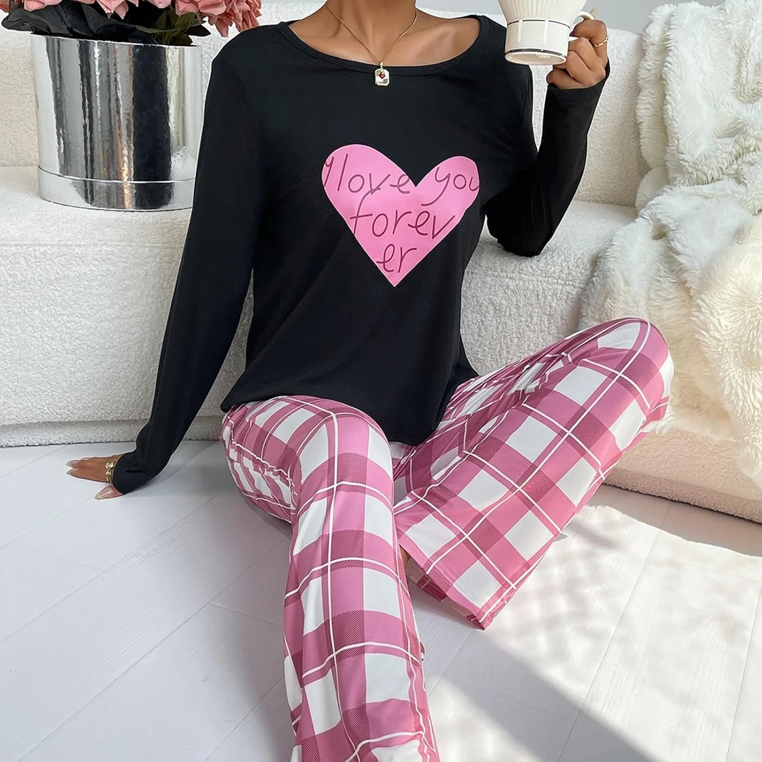 Womens Plus Size Long Sleeve Pajamas Set Love Printed Crewneck Tshirt Pants 2piece Sleepwear Nightwear Soft Pjs Lounge Sets