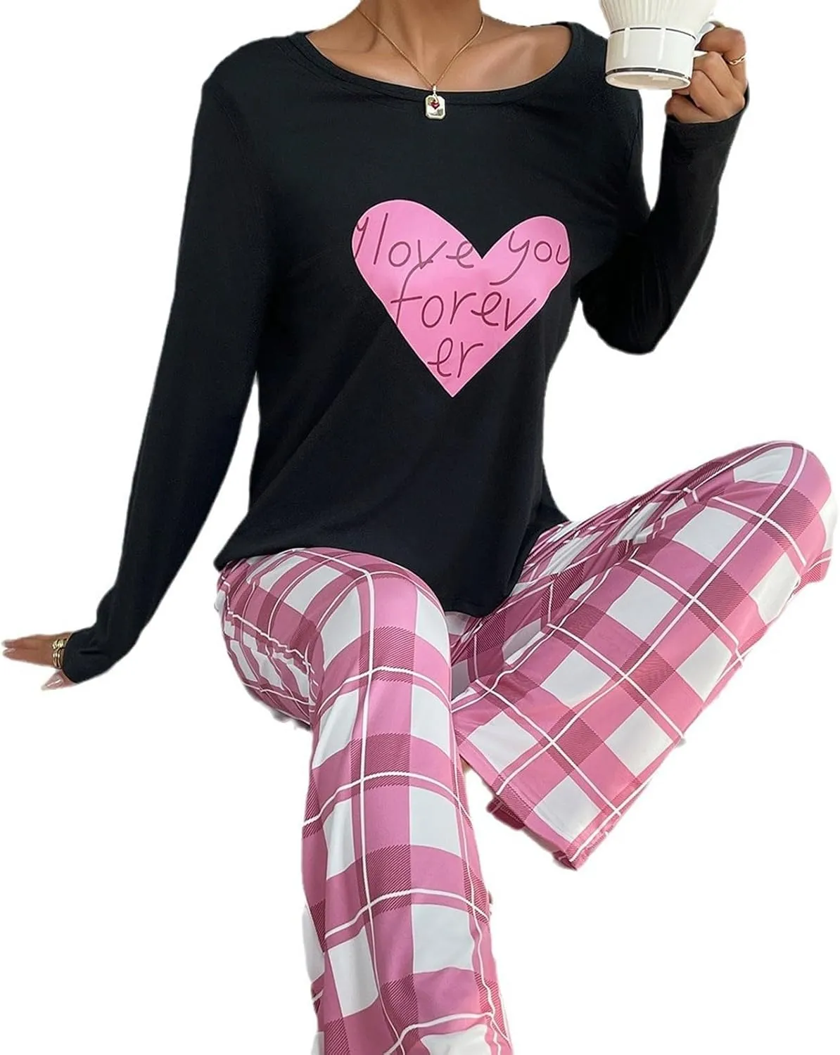 Womens Plus Size Long Sleeve Pajamas Set Love Printed Crewneck Tshirt Pants 2piece Sleepwear Nightwear Soft Pjs Lounge Sets