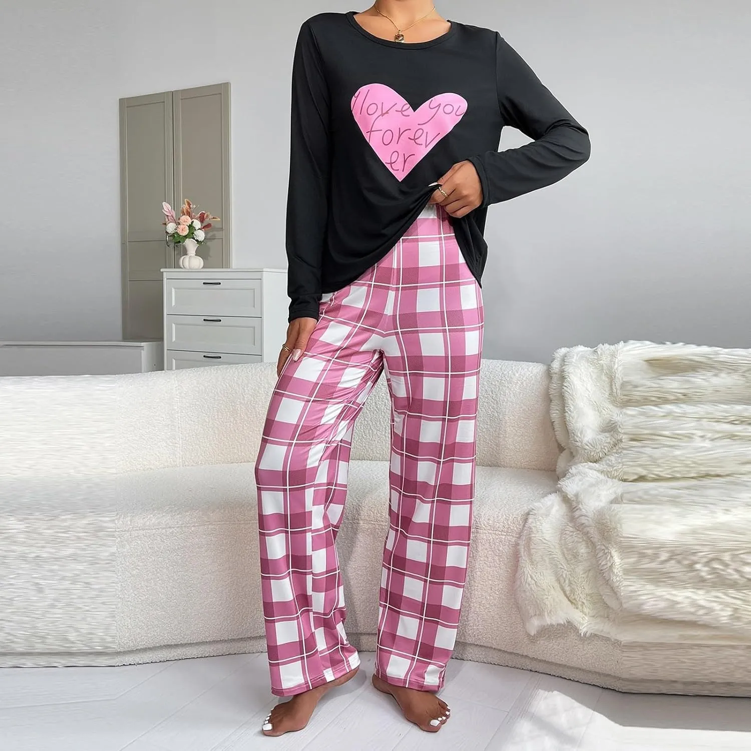 Womens Plus Size Long Sleeve Pajamas Set Love Printed Crewneck Tshirt Pants 2piece Sleepwear Nightwear Soft Pjs Lounge Sets