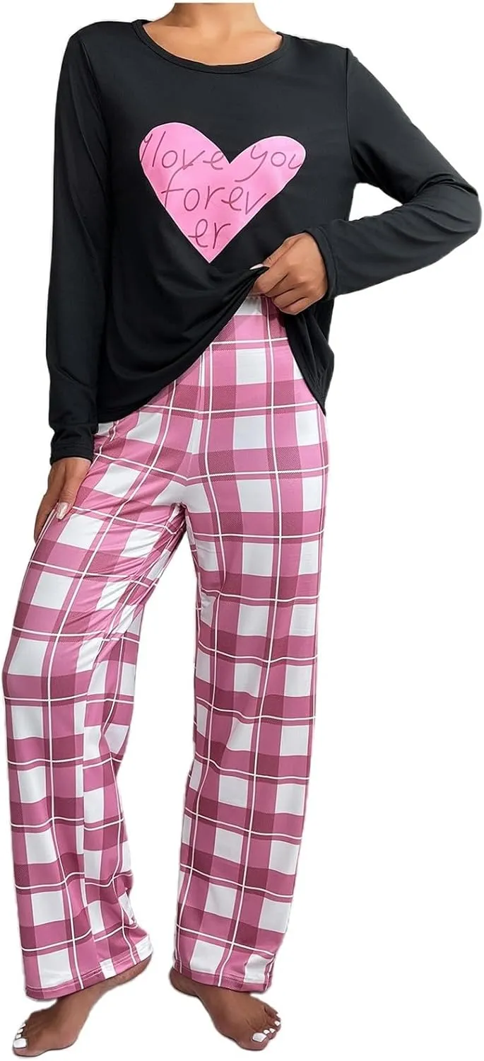 Womens Plus Size Long Sleeve Pajamas Set Love Printed Crewneck Tshirt Pants 2piece Sleepwear Nightwear Soft Pjs Lounge Sets