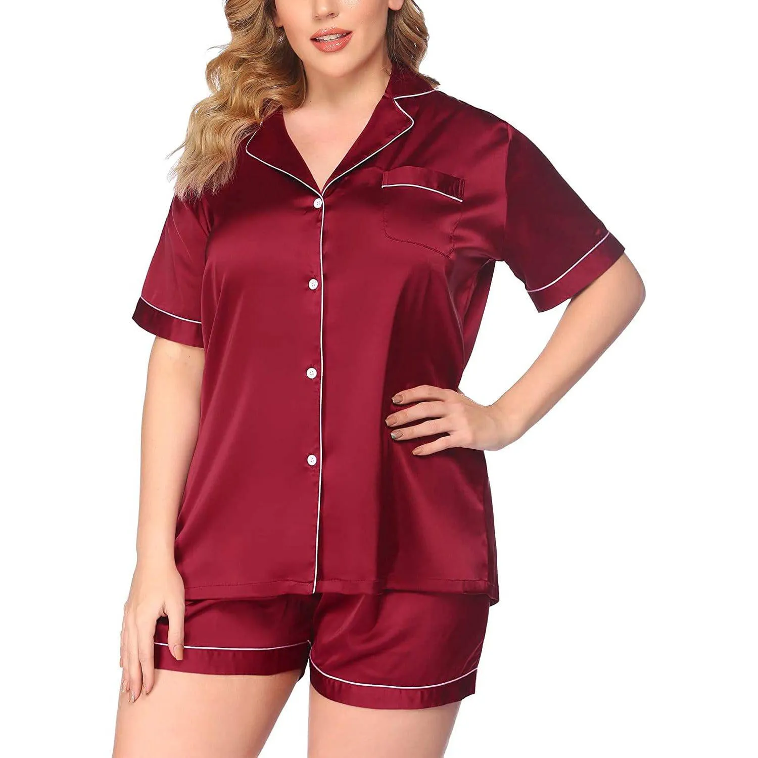 Women's Plus Size Silk Pajama Set Short Sleeve Silk Sleepwear Silk Loungewear Sets