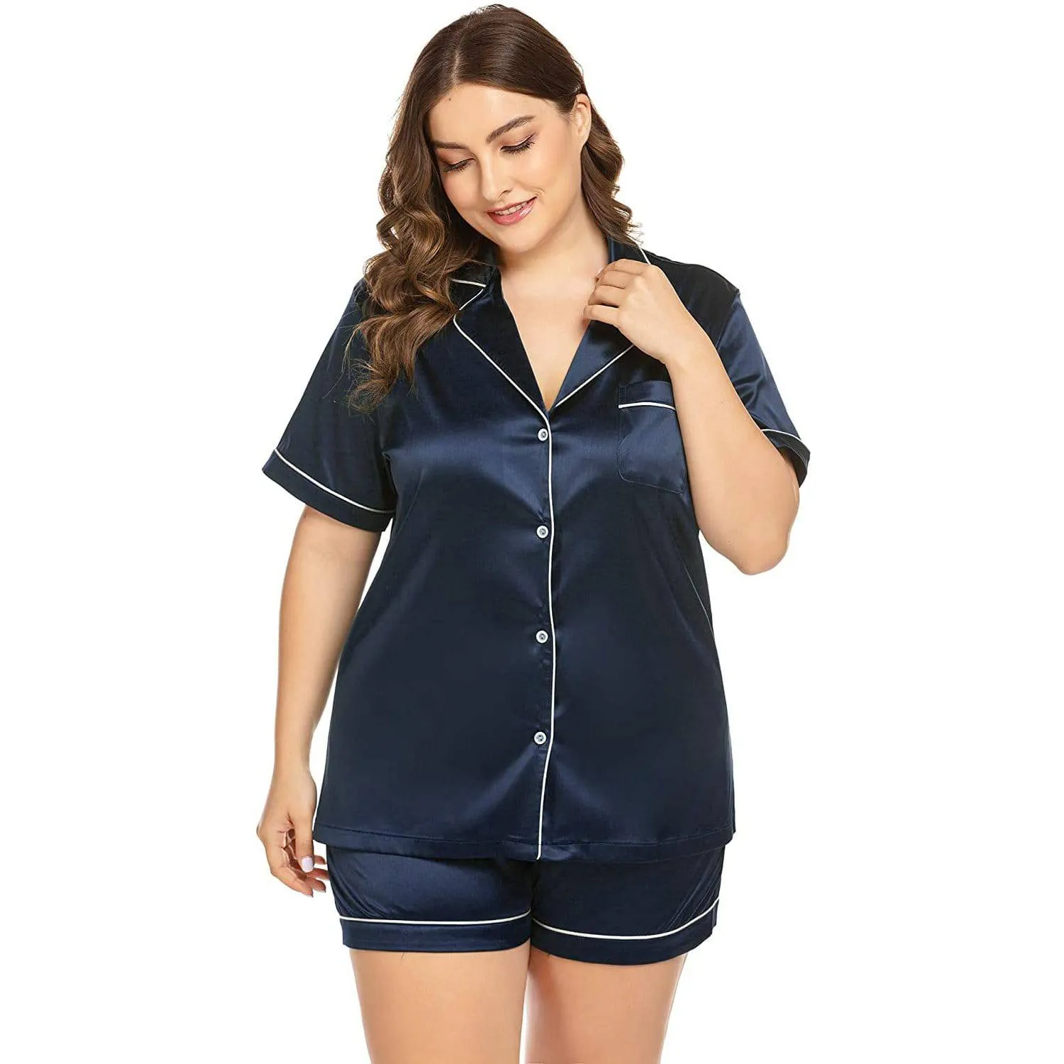 Women's Plus Size Silk Pajama Set Short Sleeve Silk Sleepwear Silk Loungewear Sets