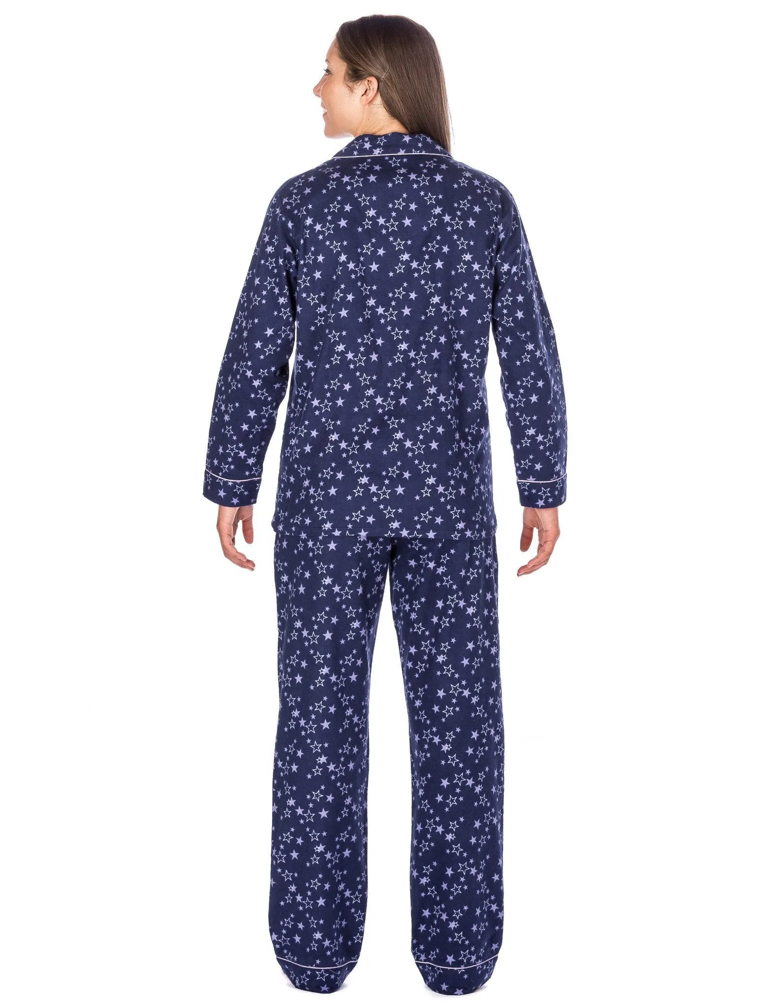 Women's Premium 100% Cotton Flannel Pajama Sleepwear Set (Relaxed Fit) - Starry Night - Blue
