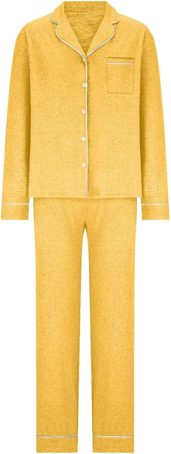 Womens Ribbed Knit Pajama Sets 2 Piece Lounge Set Long Sleeve Button Down Shirt Pjs Soft Sleepwear with Pockets