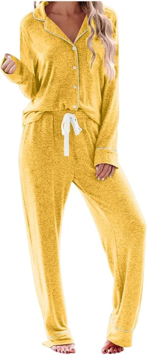 Womens Ribbed Knit Pajama Sets 2 Piece Lounge Set Long Sleeve Button Down Shirt Pjs Soft Sleepwear with Pockets