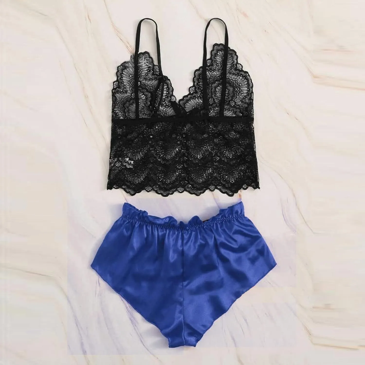 Women's Satin Lingerie Set Lace Bralette and Silk Shorts 2 Piece Pjs Sets Lingerie Pajama Set Nightwear Sleepwear
