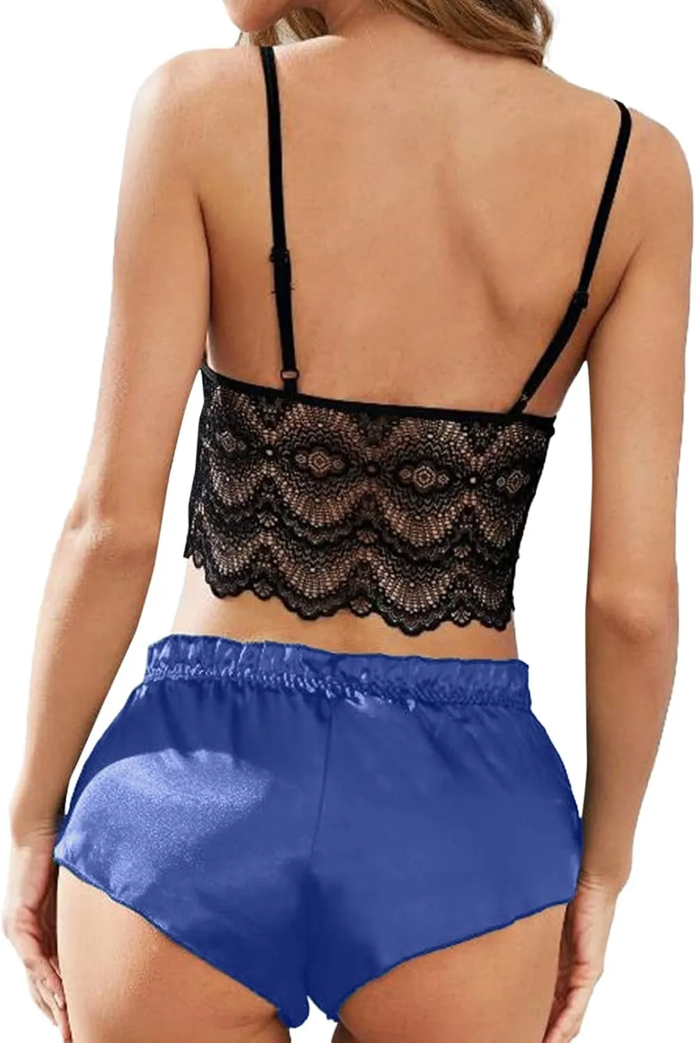 Women's Satin Lingerie Set Lace Bralette and Silk Shorts 2 Piece Pjs Sets Lingerie Pajama Set Nightwear Sleepwear