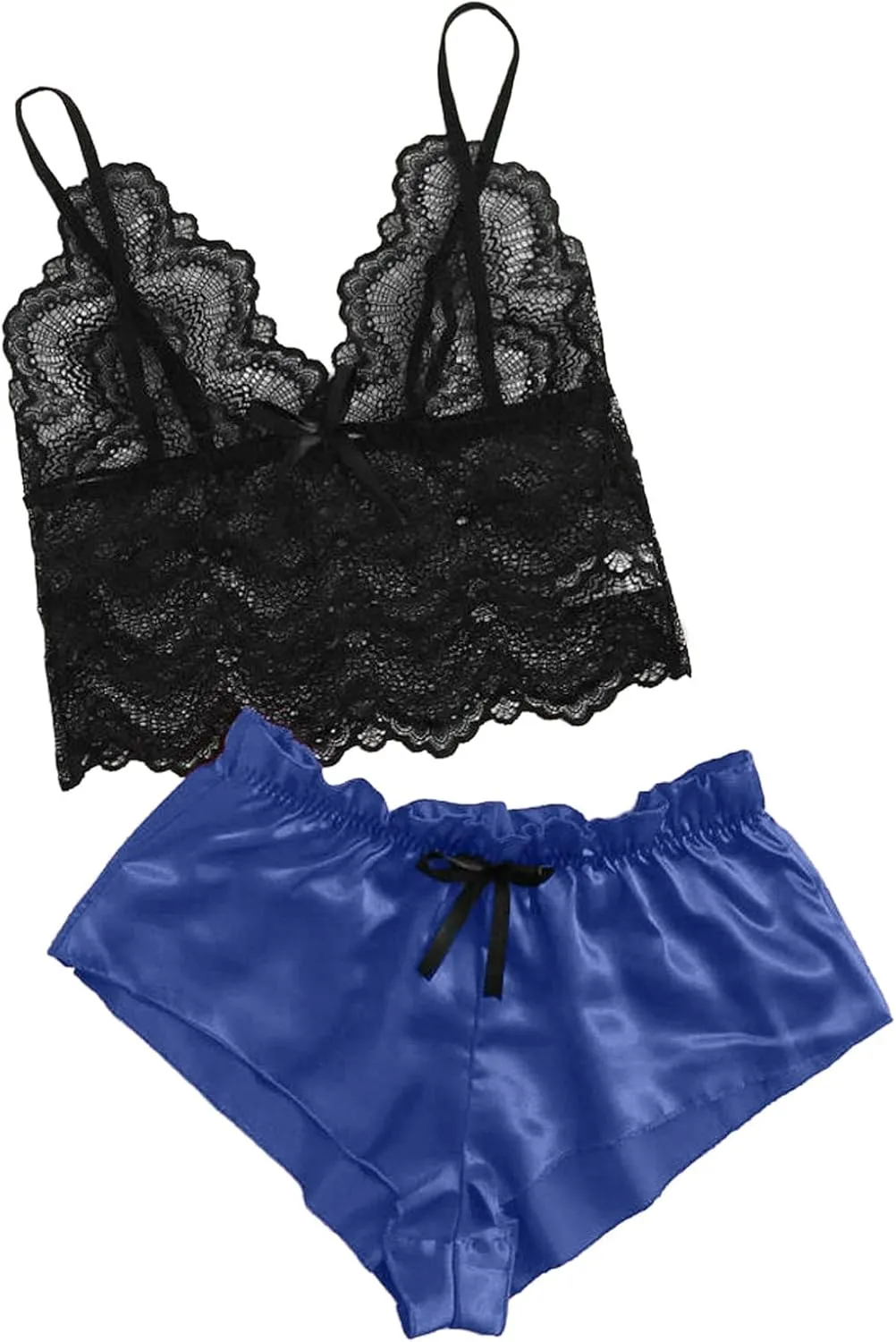 Women's Satin Lingerie Set Lace Bralette and Silk Shorts 2 Piece Pjs Sets Lingerie Pajama Set Nightwear Sleepwear
