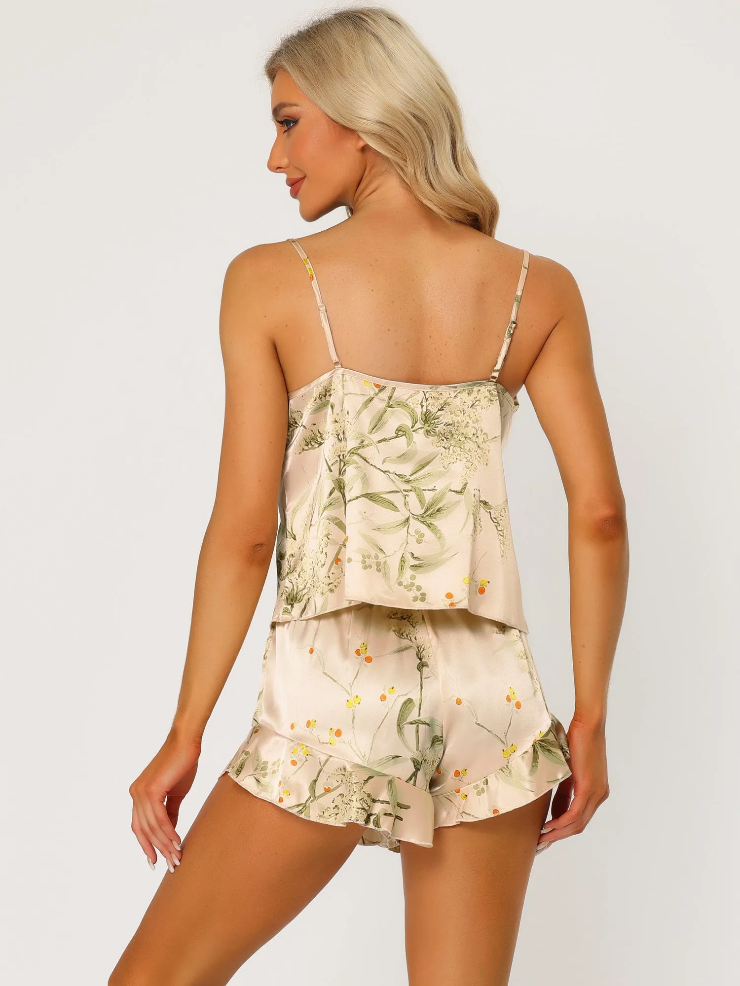 Womens Satin Lounge Floral Cami Tops with Shorts Ruffled Sleepwear Pajamas Sets
