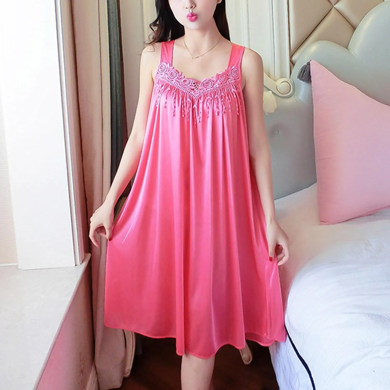 Womens Satin Nightgowns Sleeveless Long Nightgown V Neck Chemise Nightshirts Soft Sleep Tank Dress Ladies Sleepwear