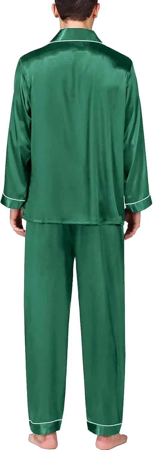 Womens Satin Pajama Sets Long Sleeve Button Up Shirts with Pants Couples Matching Pajamas Suits Soft Loungewear Sets