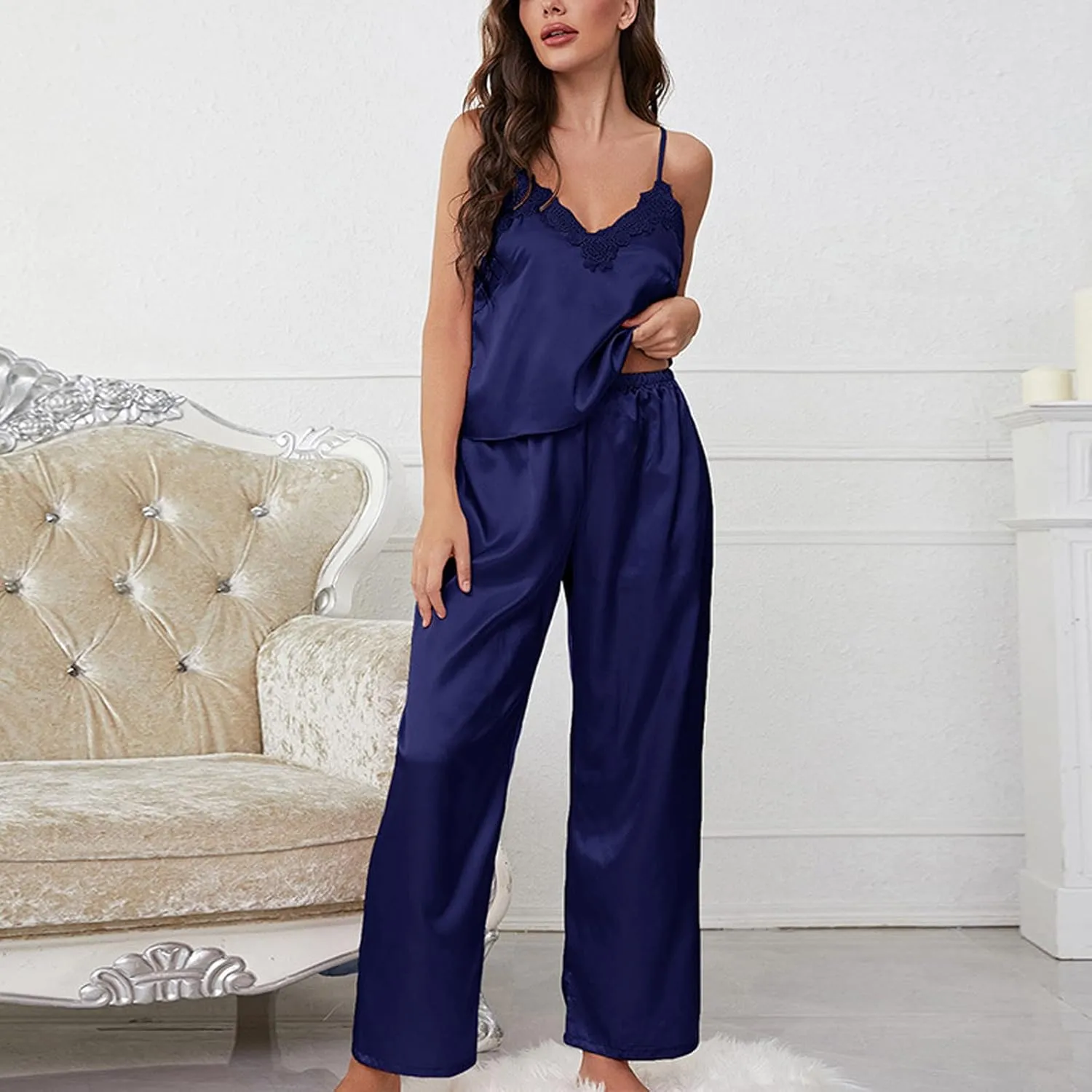 Womens Satin Pajamas Set Cami Tank Top and Long Pant Silk Pj Set Sexy Lace Trim Sleepwear Nightwear Silky Summer