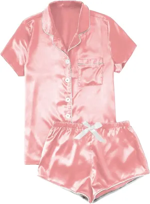 Womens Satin Plus Size Short Sleeve Shorts Pajamas Set Button down Tshirts 2pieces Sleepwear Nightwear Soft Pjs Lounge Sets