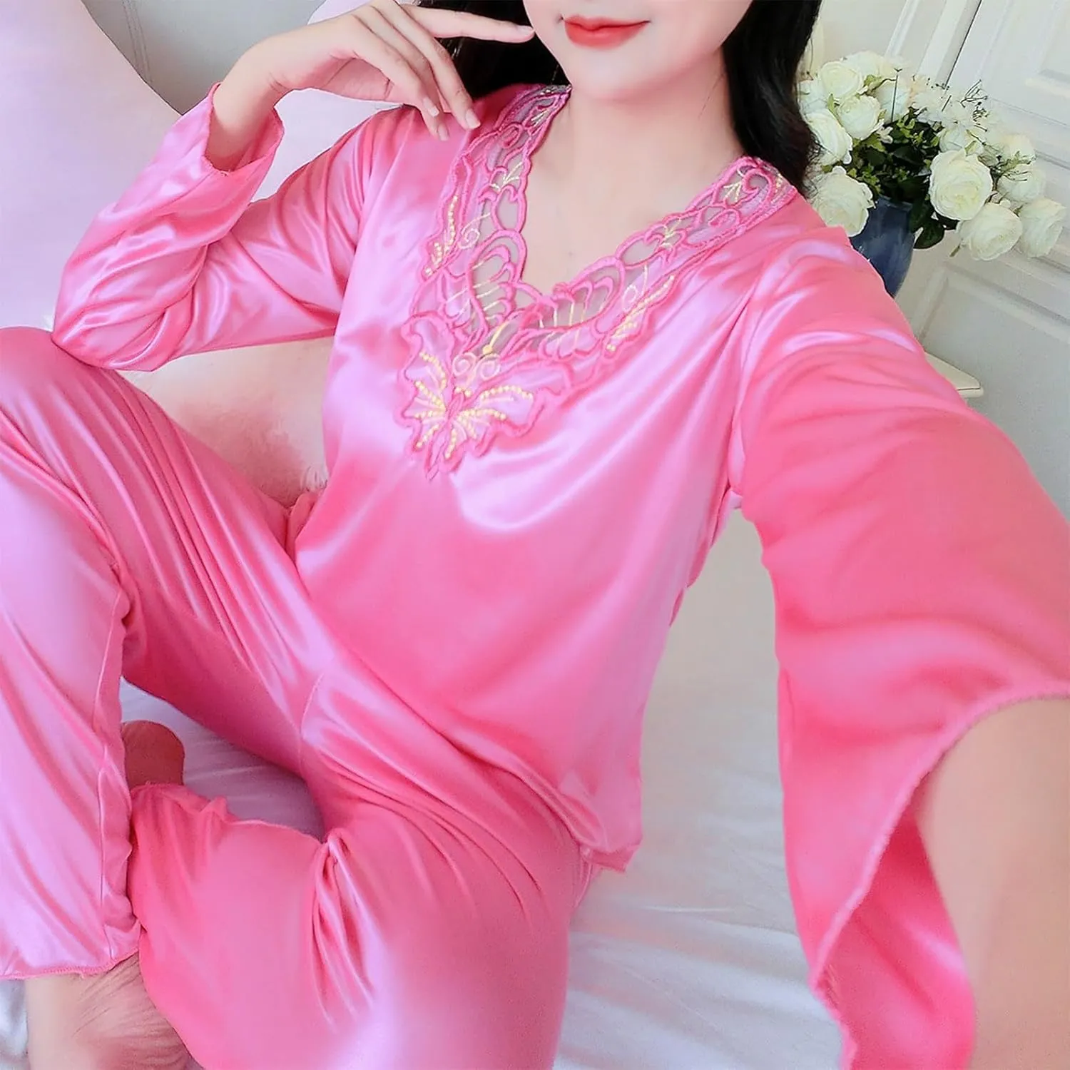 Womens Satin Silky Pajama Set Long Sleeve V Neck Shirt with Long Pajama Pant Set Soft PJ Ladies Loungewear Sleepwear