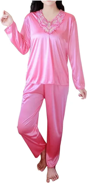 Womens Satin Silky Pajama Set Long Sleeve V Neck Shirt with Long Pajama Pant Set Soft PJ Ladies Loungewear Sleepwear