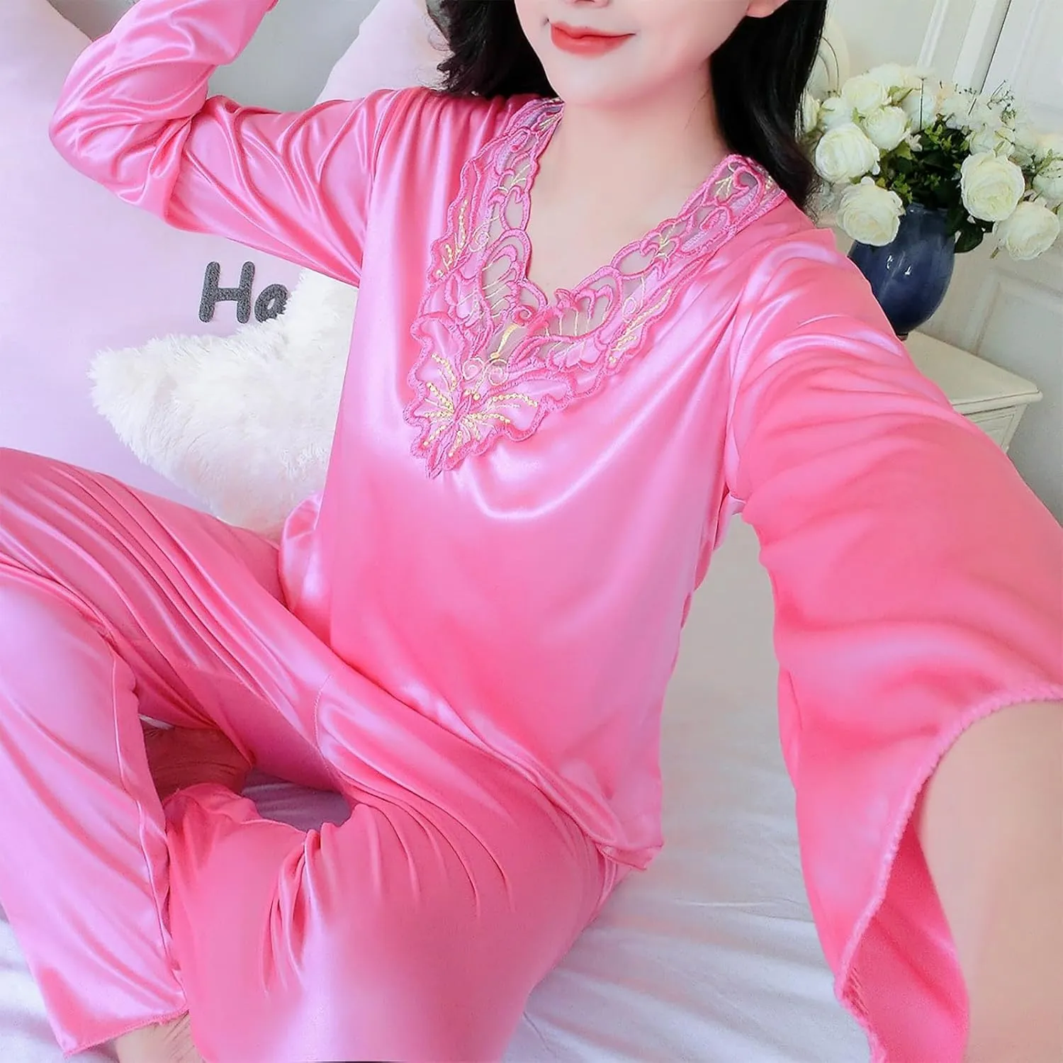 Womens Satin Silky Pajama Set Long Sleeve V Neck Shirt with Long Pajama Pant Set Soft PJ Ladies Loungewear Sleepwear