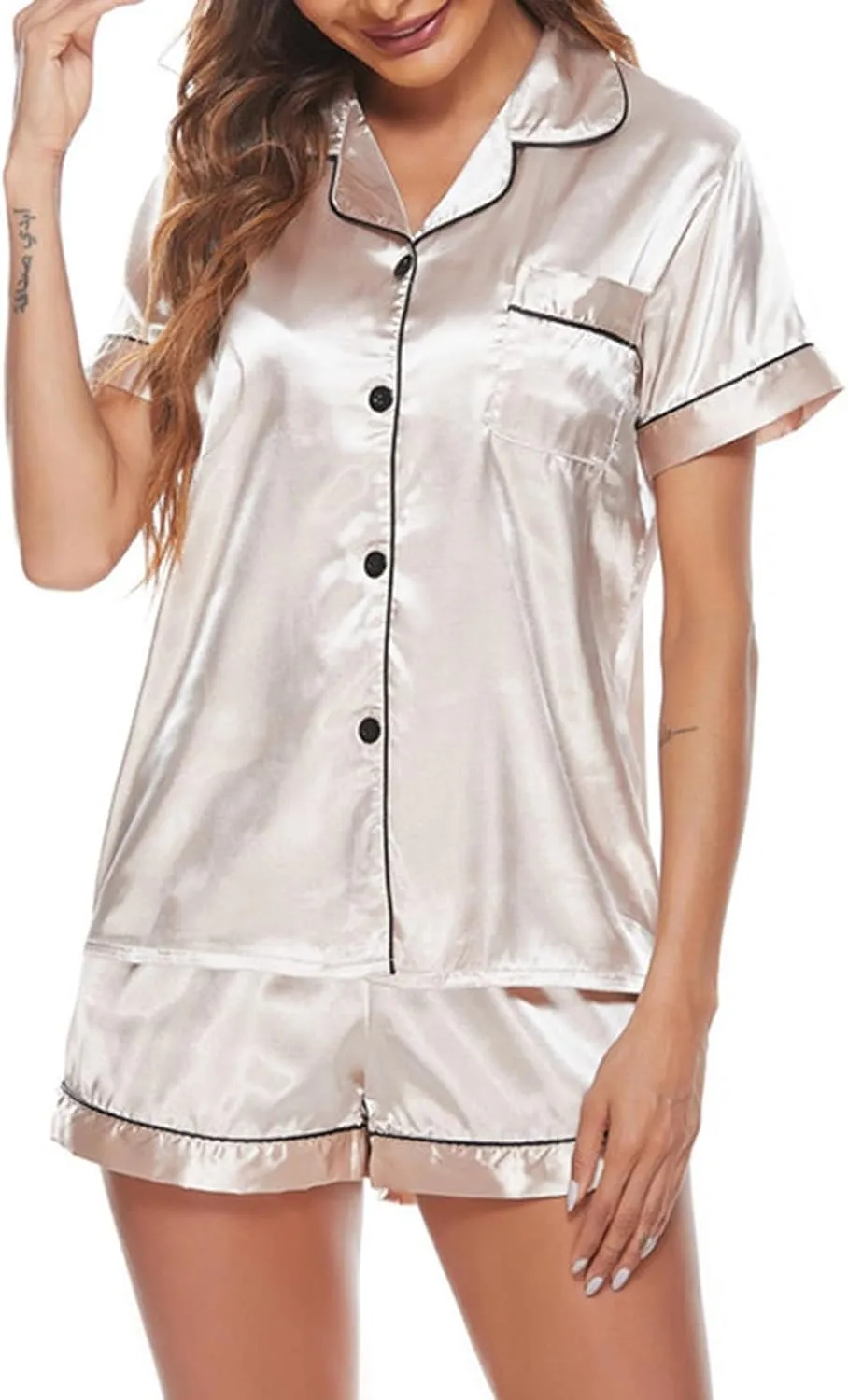 Womens Satin Silky Pajama Sets Short Sleeve Shirt Tops and Shorts Pajamas Set Soft PJ Loungewear Sleepwear