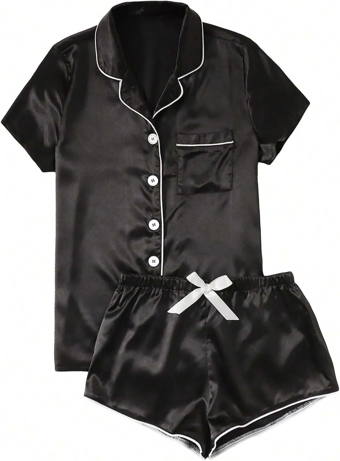 Womens Satin Silky Pajama Sets Soft Button Down Satin 2 Piece Sleepwear Cute Bride Party Short Sleeve Matching Set