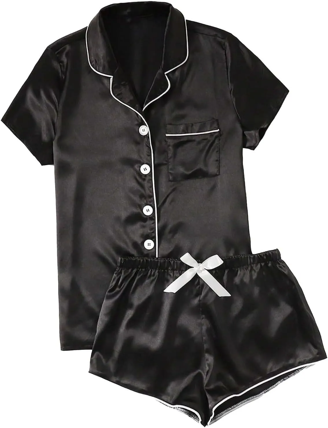 Womens Satin Silky Pajama Sets Soft Button Down Satin 2 Piece Sleepwear Cute Bride Party Short Sleeve Matching Set