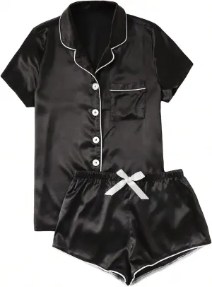 Womens Satin Silky Pajama Sets Soft Button Down Satin 2 Piece Sleepwear Cute Bride Party Short Sleeve Matching Set