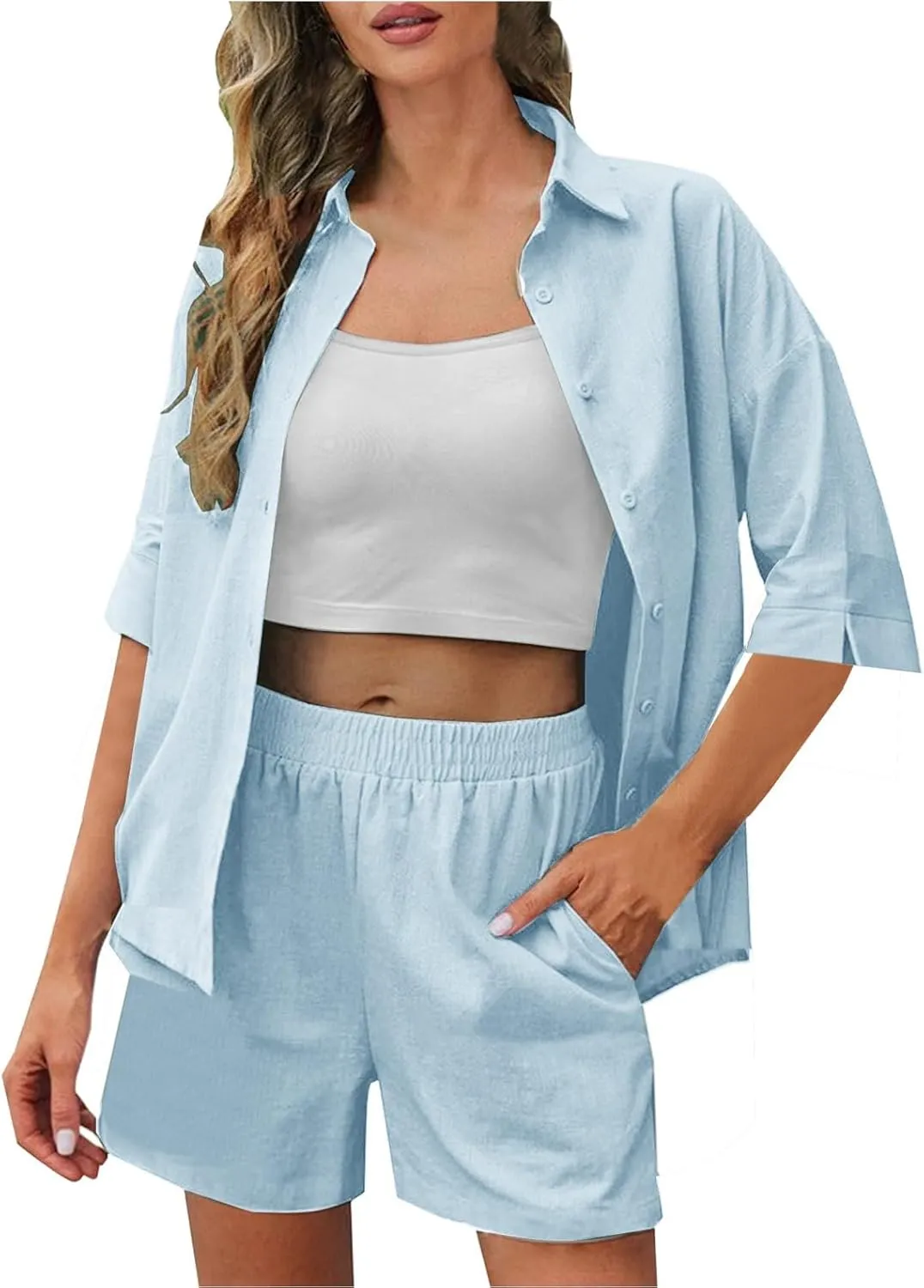 Womens Sets 2 Piece Outfits Comfy Casual Lapel Neck Short Sleeve Button Down Shirt and Shorts Loungewear Sets